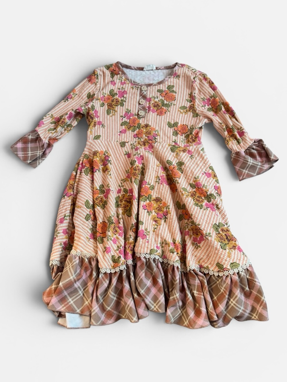 Finding Foxtail Floral Striped Peach Girls' Casual Dress with Plaid, Size 8
